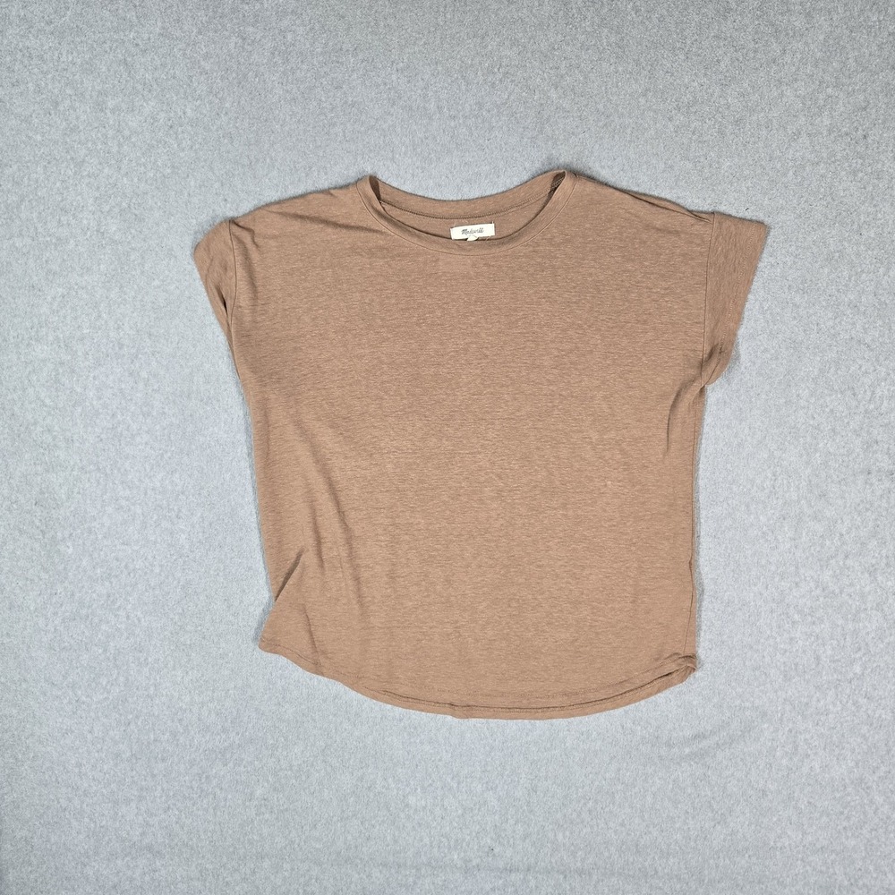 Madewell Women Shirt M Brown Linen Polyester Crew Neck Pullover Short Sleeve